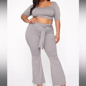 Gray Flare Pants Set with Tie Waist and Wide Waistband
